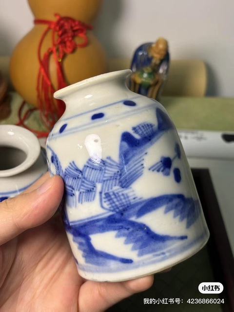 古玩陶瓷青花山水人物水盂真品鑒賞圖