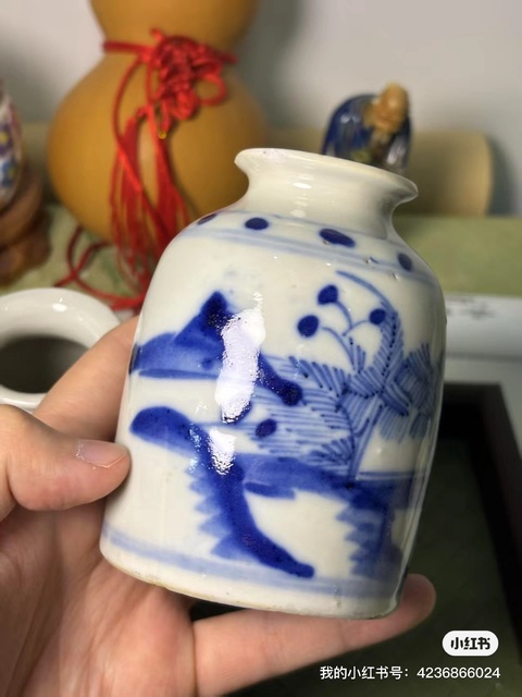 古玩陶瓷青花山水人物水盂真品鑒賞圖