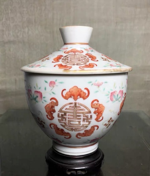 古玩陶瓷清光緒 粉彩福壽萬吉蓋盅真品鑒賞圖