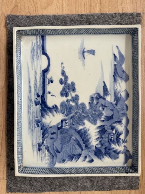 古玩陶瓷人物山水紋青花四方盤真品鑒賞圖