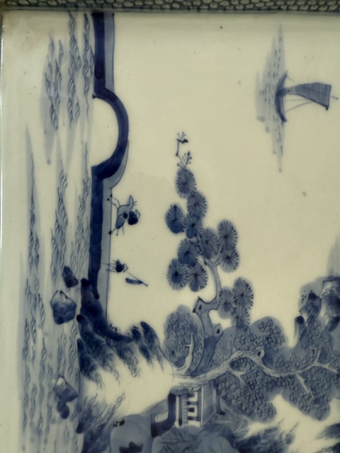 古玩陶瓷人物山水紋青花四方盤真品鑒賞圖