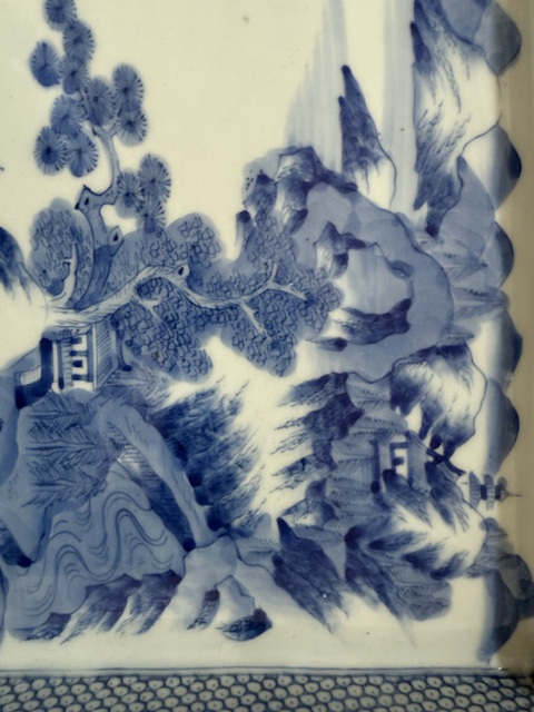 古玩陶瓷人物山水紋青花四方盤真品鑒賞圖