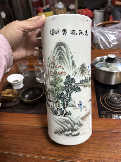 古玩陶瓷青綠山水彩山水紋帽筒真品鑒賞圖