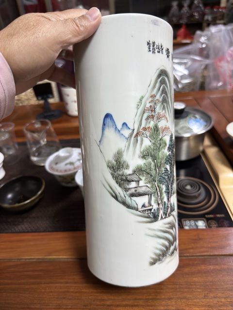 古玩陶瓷青綠山水彩山水紋帽筒真品鑒賞圖