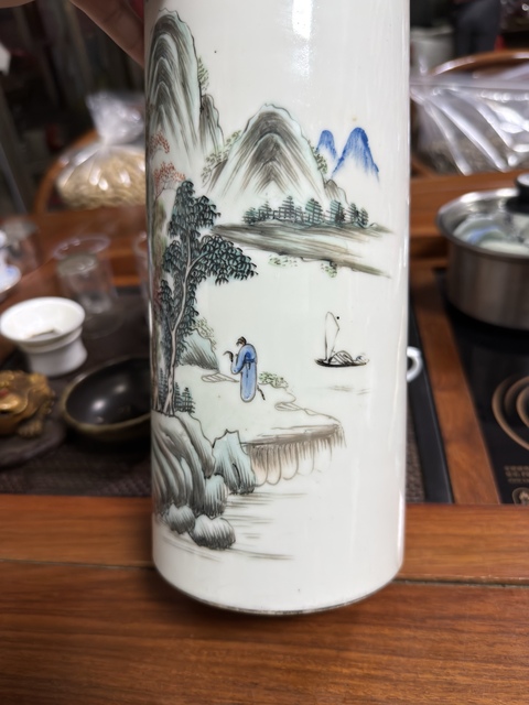 古玩陶瓷青綠山水彩山水紋帽筒真品鑒賞圖