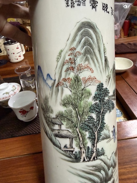 古玩陶瓷青綠山水彩山水紋帽筒真品鑒賞圖