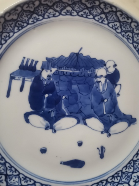 古玩陶瓷青花人物故事紋折腰盤，祝壽圖拍賣，當前價格2000元