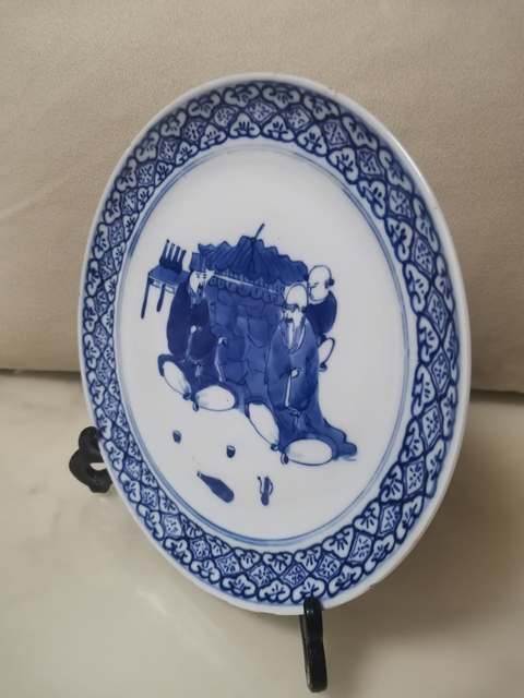 古玩陶瓷青花人物故事紋折腰盤，祝壽圖拍賣，當前價格2000元