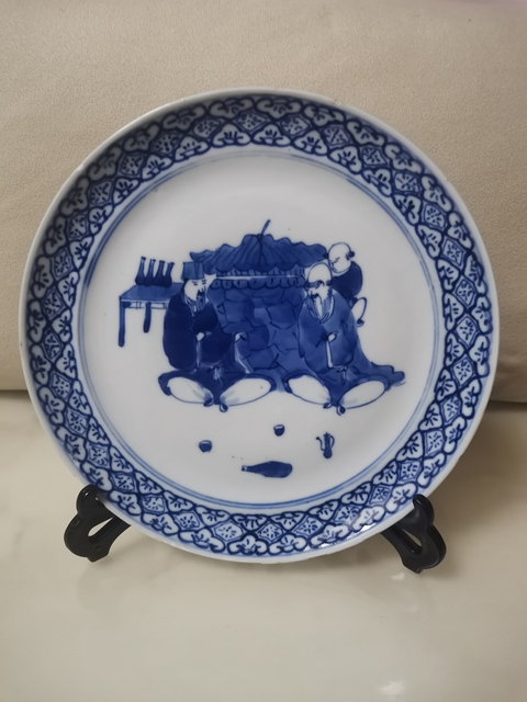 古玩陶瓷青花人物故事紋折腰盤，祝壽圖拍賣，當前價格2000元