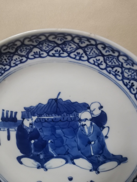 古玩陶瓷青花人物故事紋折腰盤，祝壽圖拍賣，當前價格2000元