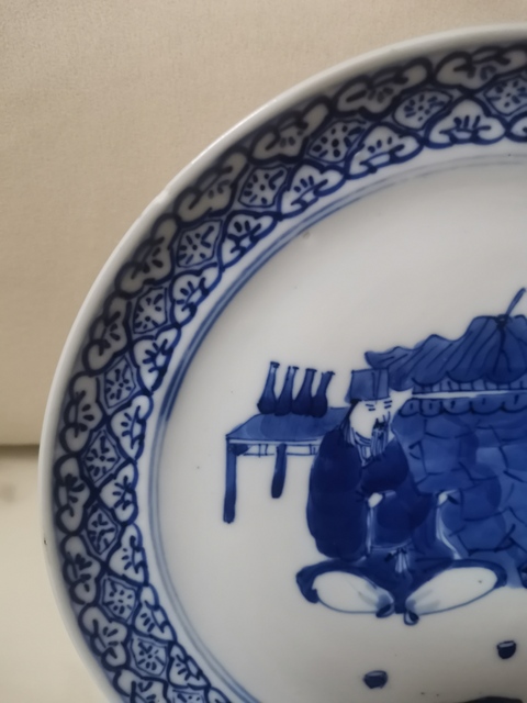 古玩陶瓷青花人物故事紋折腰盤，祝壽圖拍賣，當前價格2000元