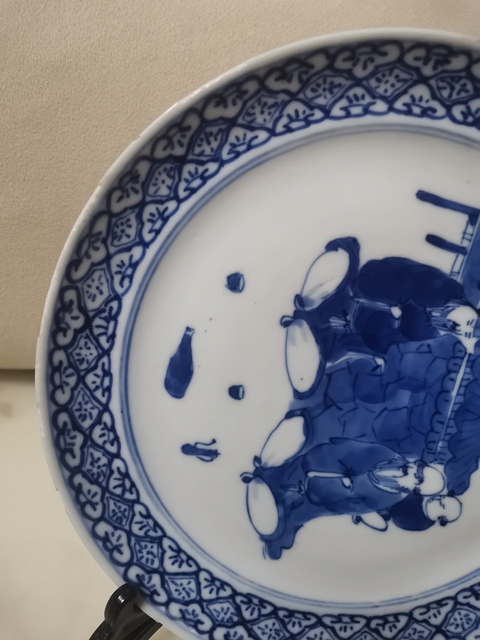 古玩陶瓷青花人物故事紋折腰盤，祝壽圖拍賣，當前價格2000元