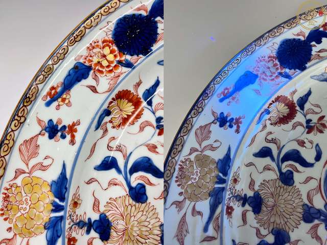 古玩陶瓷清代康熙青花礬紅描金花卉紋超大盤真品鑒賞圖