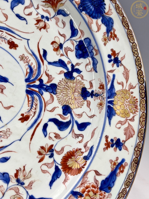 古玩陶瓷清代康熙青花礬紅描金花卉紋超大盤真品鑒賞圖