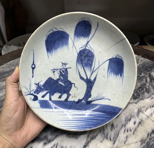 古玩陶瓷牧牛童青花盤真品鑒賞圖