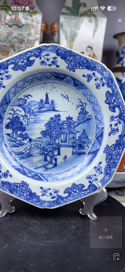 古玩陶瓷樓臺(tái)亭閣山水紋青花盤真品鑒賞圖