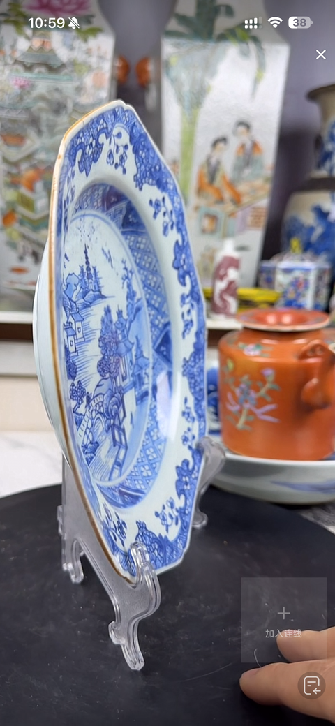 古玩陶瓷樓臺(tái)亭閣山水紋青花盤真品鑒賞圖