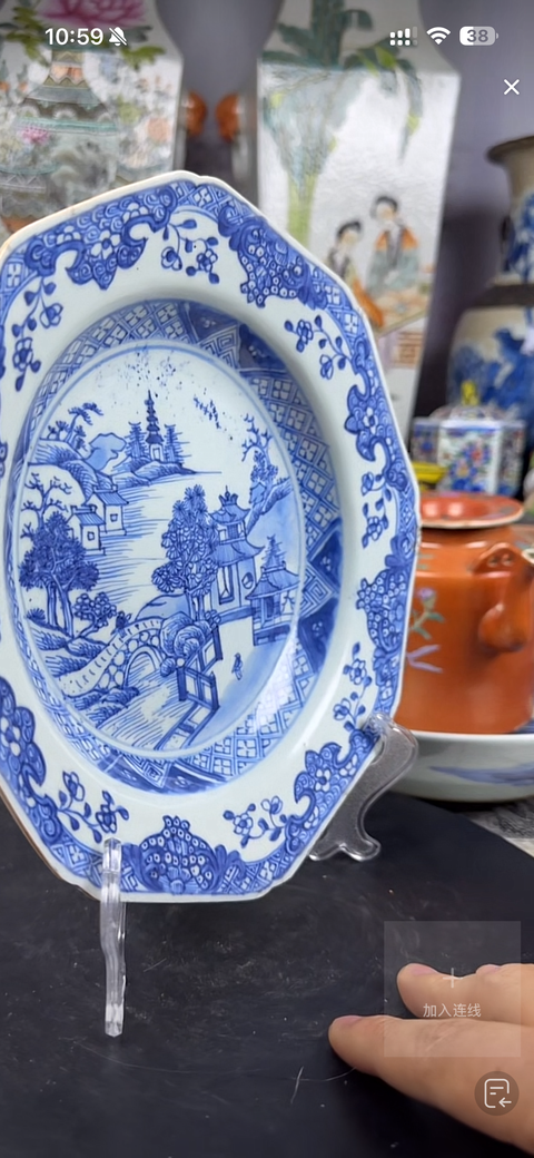 古玩陶瓷樓臺(tái)亭閣山水紋青花盤真品鑒賞圖