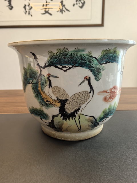古玩陶瓷粉彩松鶴延年圖花盆真品鑒賞圖