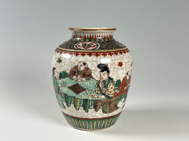 古玩陶瓷清晚期·哥釉五彩人物紋太白罐真品鑒賞圖