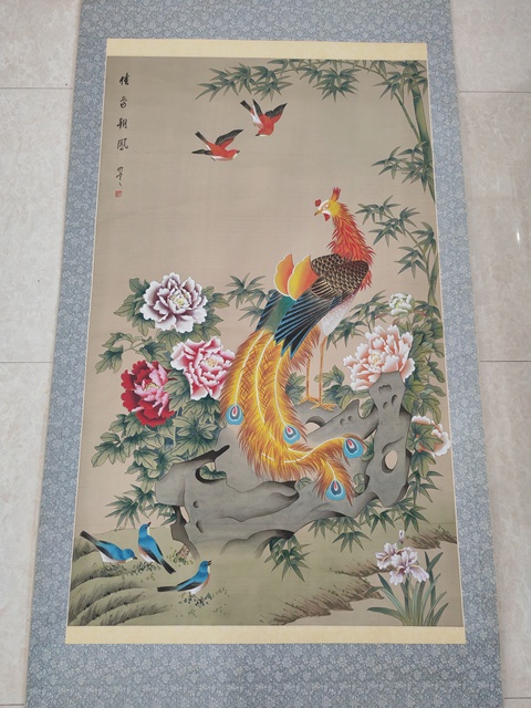 古玩字畫吳竹云佳鳥朝鳳工筆畫立軸真品鑒賞圖