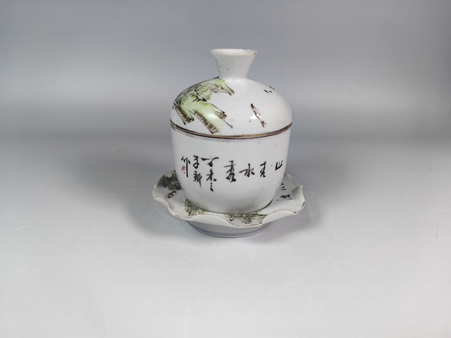 古玩陶瓷晚清民國淺降彩風景山水糖缸真品鑒賞圖