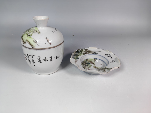 古玩陶瓷晚清民國淺降彩風景山水糖缸真品鑒賞圖