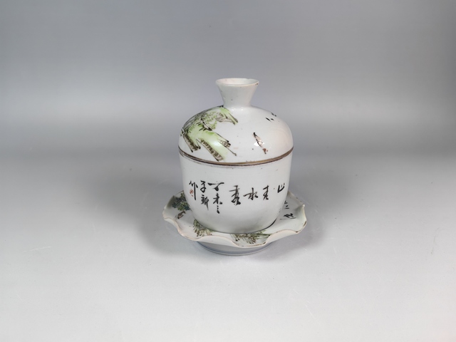 古玩陶瓷晚清民國淺降彩風景山水糖缸真品鑒賞圖