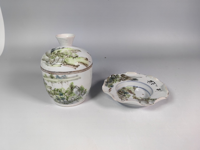 古玩陶瓷晚清民國淺降彩風景山水糖缸真品鑒賞圖