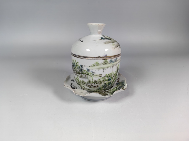 古玩陶瓷晚清民國淺降彩風景山水糖缸真品鑒賞圖