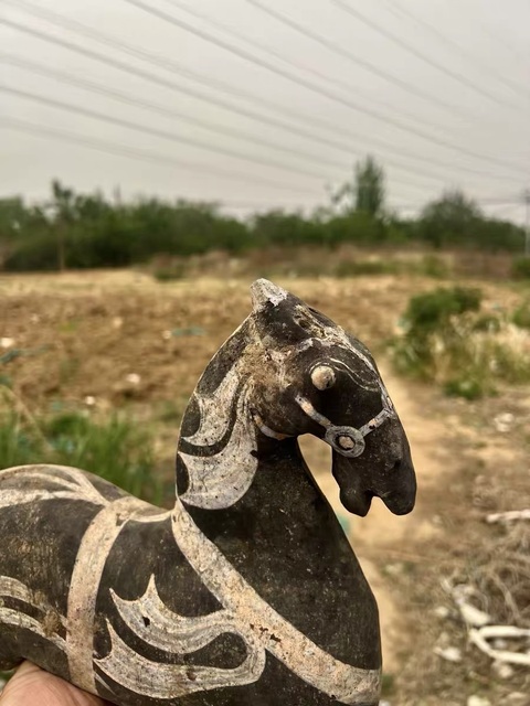 古玩陶瓷黑白彩漢代馬俑真品鑒賞圖