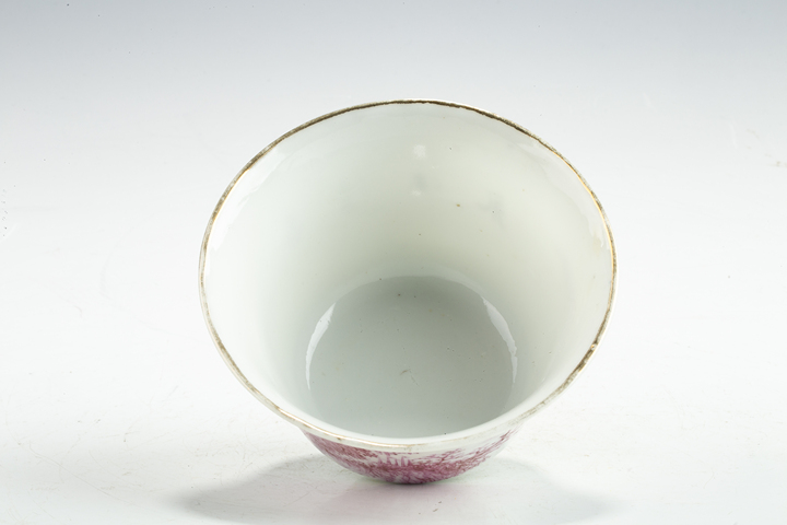 古玩陶瓷民國·胭脂紅山水紋三才蓋碗真品鑒賞圖