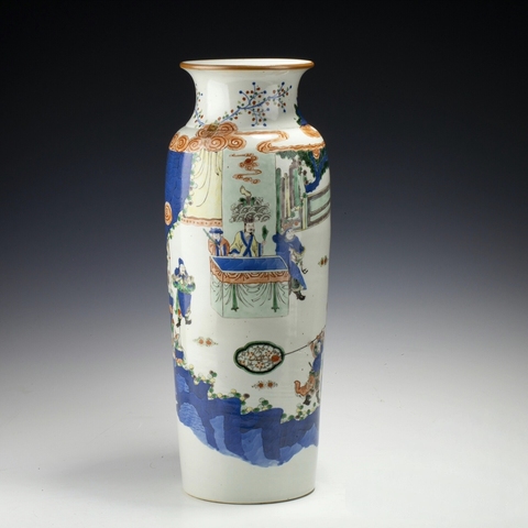 古玩陶瓷清晚期，青花五彩人物桶瓶真品鑒賞圖