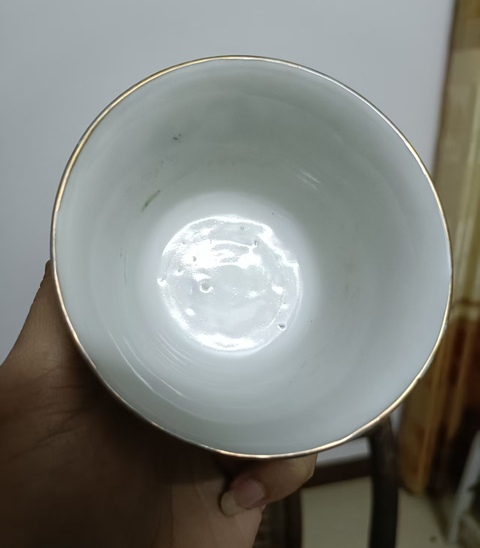 古玩陶瓷蘋果綠釉描金開光山水紋三才蓋杯真品鑒賞圖