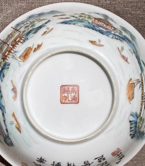 古玩陶瓷粉彩詩文故事紋碗真品鑒賞圖