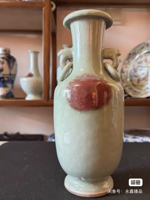 古玩陶瓷青釉釉里紅雙耳瓶拍賣，當前價格5600元