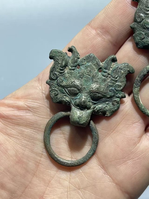 古玩銅器漢代·鎏銀鋪首一對 真品鑒賞圖