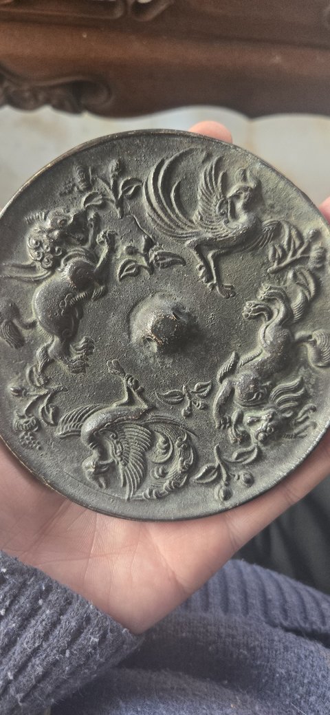 古玩銅器銅雙鸞鳳雙獅鏡真品鑒賞圖