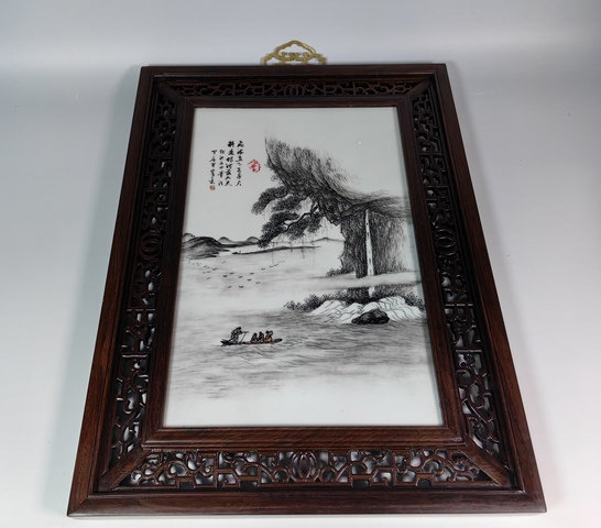 古玩陶瓷民國墨彩風(fēng)景山水人物紋瓷板真品鑒賞圖