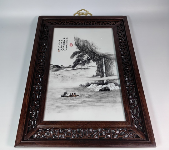 古玩陶瓷民國墨彩風(fēng)景山水人物紋瓷板真品鑒賞圖