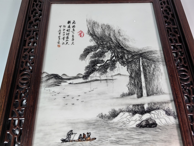 古玩陶瓷民國墨彩風(fēng)景山水人物紋瓷板真品鑒賞圖