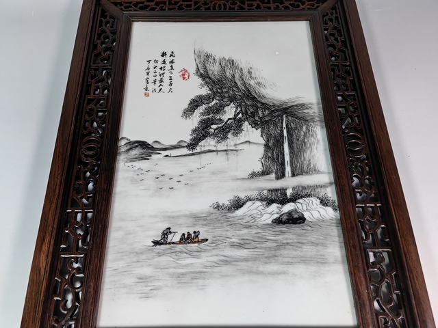 古玩陶瓷民國墨彩風(fēng)景山水人物紋瓷板真品鑒賞圖