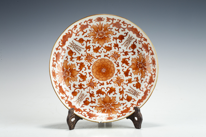 古玩陶瓷清同治·礬紅描金纏枝福壽紋盤拍賣，當前價格801元