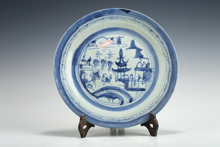 古玩陶瓷清中·青花山水人物紋盤一對真品鑒賞圖