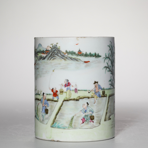 古玩陶瓷粉彩人物故事紋筆筒真品鑒賞圖