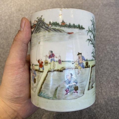 古玩陶瓷粉彩人物故事紋筆筒真品鑒賞圖