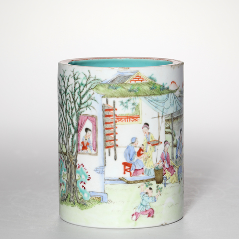 古玩陶瓷粉彩人物故事紋筆筒真品鑒賞圖