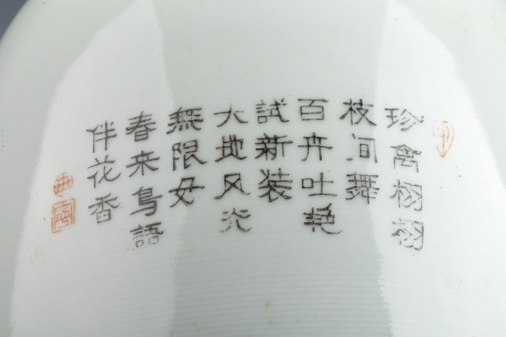 古玩陶瓷創匯·粉彩孔雀牡丹紋盤口瓶真品鑒賞圖