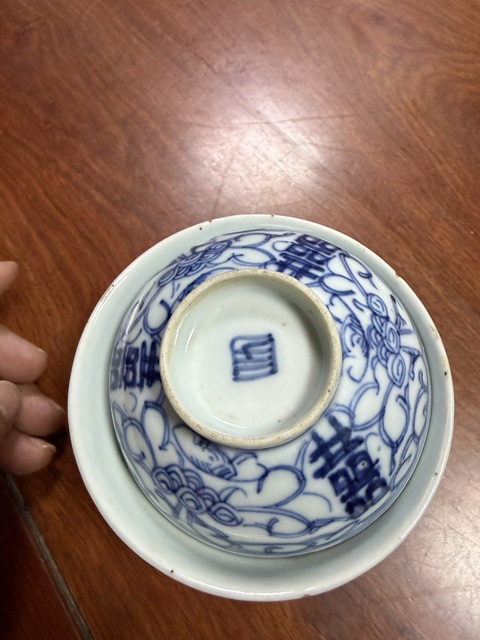 古玩陶瓷囍字紋青花蓋碗真品鑒賞圖