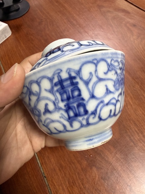 古玩陶瓷囍字紋青花蓋碗真品鑒賞圖